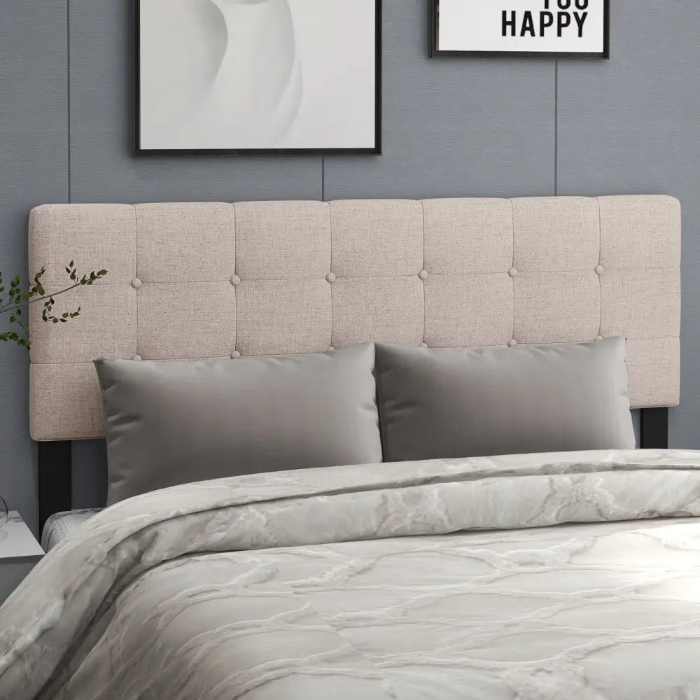 Linen Upholstered Headboard with Solid Rubber Wood Legs-Beige - Beige - Headboards