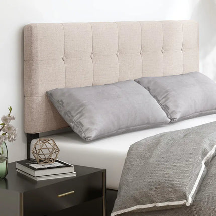 Linen Upholstered Headboard with Solid Rubber Wood Legs-Beige - Beige - Headboards