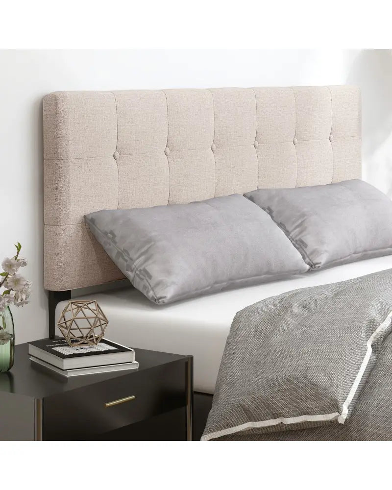 Linen Upholstered Headboard with Solid Rubber Wood Legs-Beige - Beige - Headboards