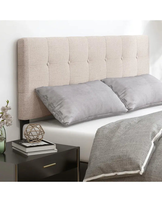 Linen Upholstered Headboard with Solid Rubber Wood Legs-Beige - Beige - Headboards