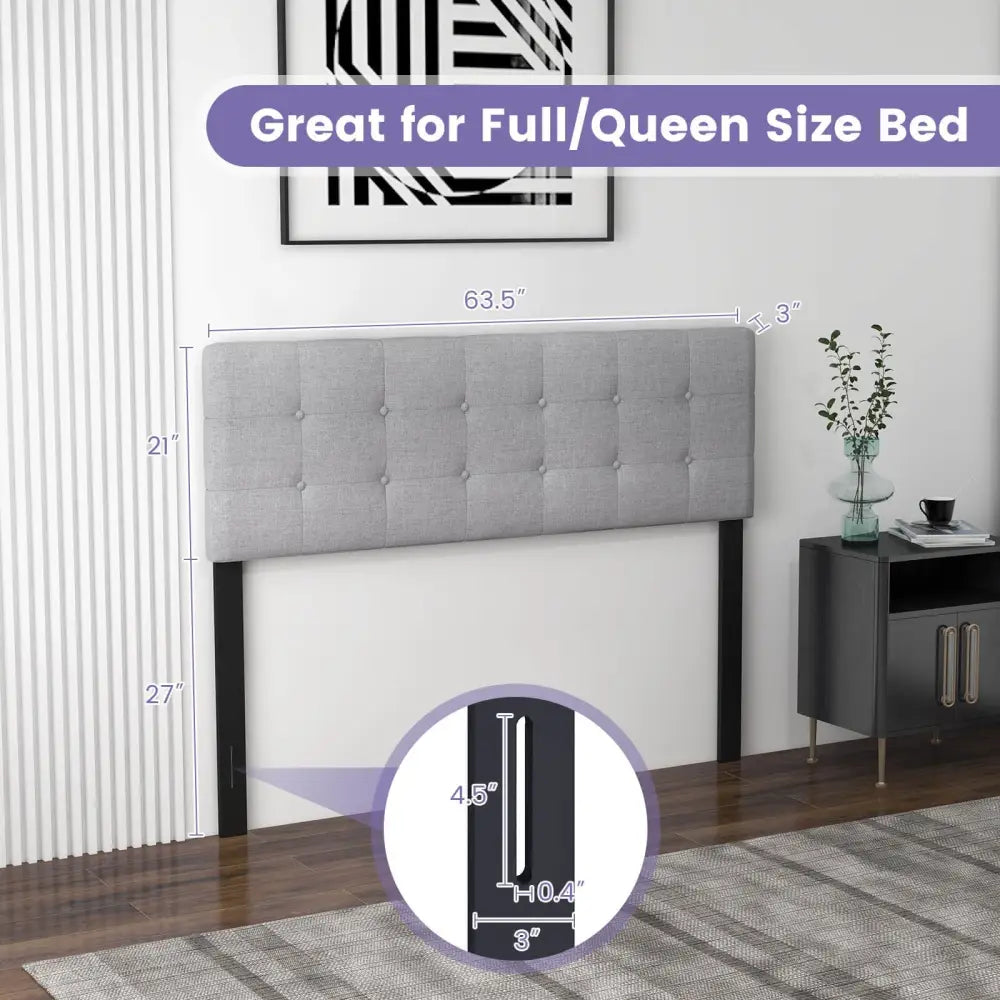 Linen Upholstered Headboard with Solid Rubber Wood Legs-Gray - Gray - Headboards