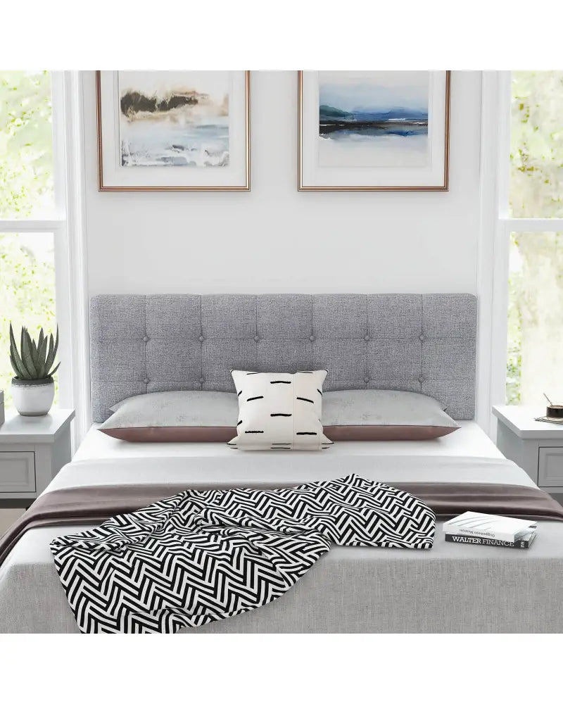 Linen Upholstered Headboard with Solid Rubber Wood Legs-Gray - Gray - Headboards
