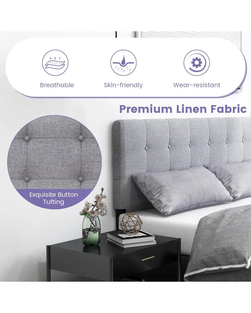 Linen Upholstered Headboard with Solid Rubber Wood Legs-Gray - Gray - Headboards