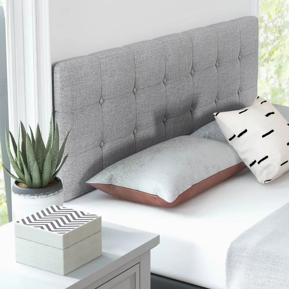 Linen Upholstered Headboard with Solid Rubber Wood Legs-Gray - Gray - Headboards
