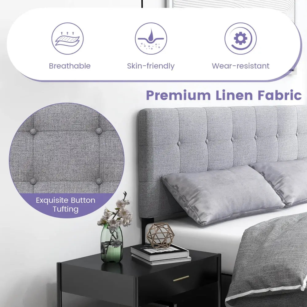 Linen Upholstered Headboard with Solid Rubber Wood Legs-Gray - Gray - Headboards