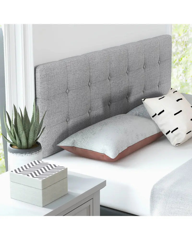 Linen Upholstered Headboard with Solid Rubber Wood Legs-Gray - Gray - Headboards
