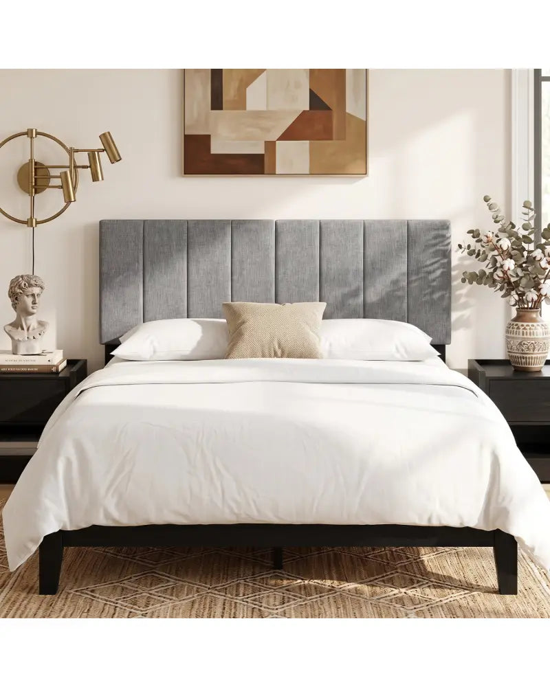 Linen Upholstered Headboard with Solid Wood Legs and Adjustable Width-Dark Gray - Dark Gray - Headboards