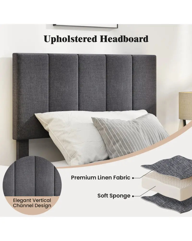 Linen Upholstered Platform Bed with Height Adjustable Vertical Channel Headboard-Twin Size - Beds & Bed Frames