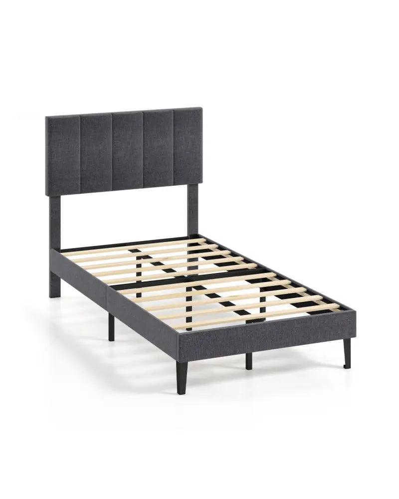 Linen Upholstered Platform Bed with Height Adjustable Vertical Channel Headboard-Twin Size - Beds & Bed Frames