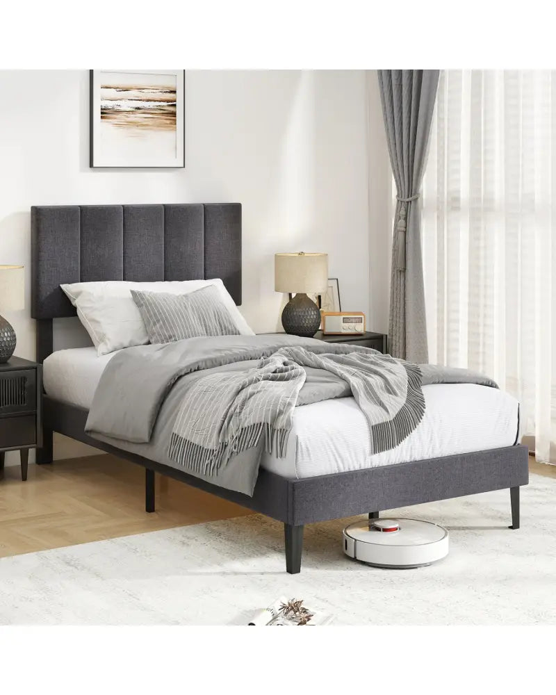 Linen Upholstered Platform Bed with Height Adjustable Vertical Channel Headboard-Twin Size - Beds & Bed Frames