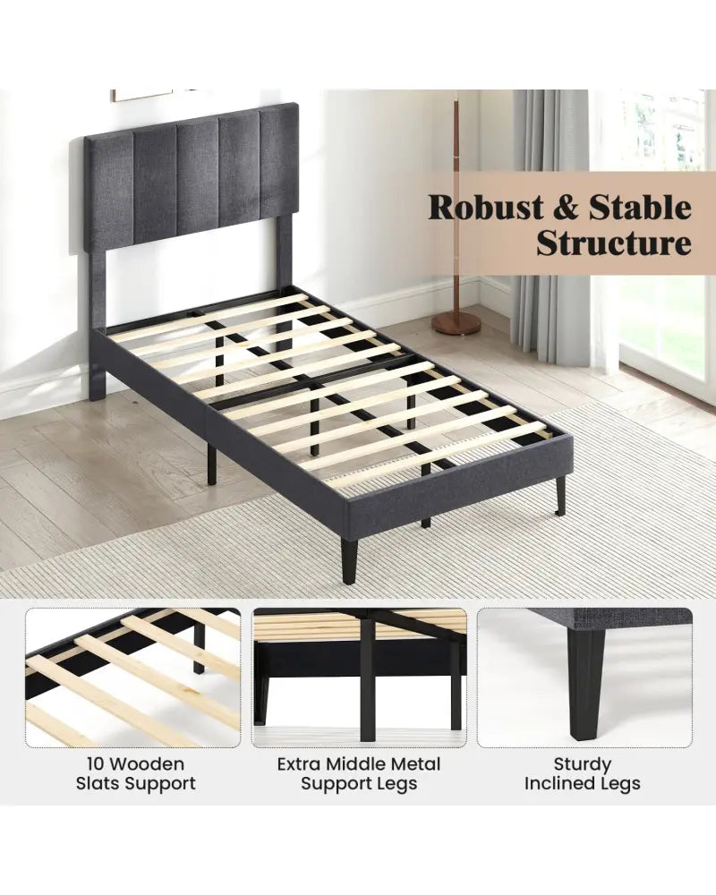 Linen Upholstered Platform Bed with Height Adjustable Vertical Channel Headboard-Twin Size - Beds & Bed Frames