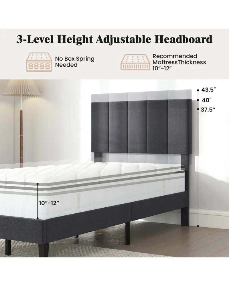 Linen Upholstered Platform Bed with Height Adjustable Vertical Channel Headboard-Twin Size - Beds & Bed Frames