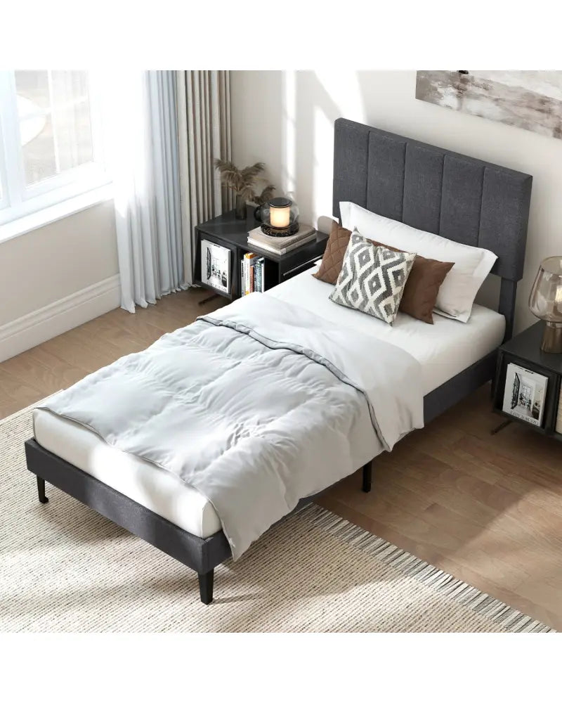 Linen Upholstered Platform Bed with Height Adjustable Vertical Channel Headboard-Twin Size - Beds & Bed Frames