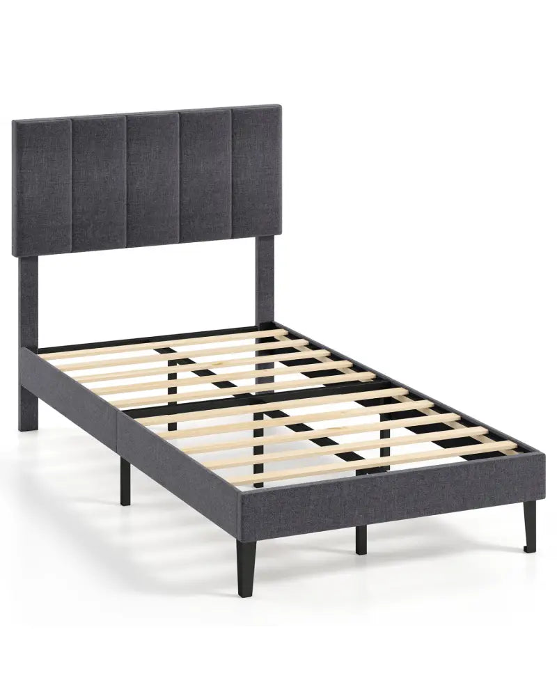Linen Upholstered Platform Bed with Height Adjustable Vertical Channel Headboard-Twin Size - Beds & Bed Frames