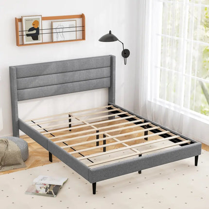 Linen Upholstered Platform Twin/Queen Bed Frame with Wingback Headboard-Queen Size - Simple Bed Frame