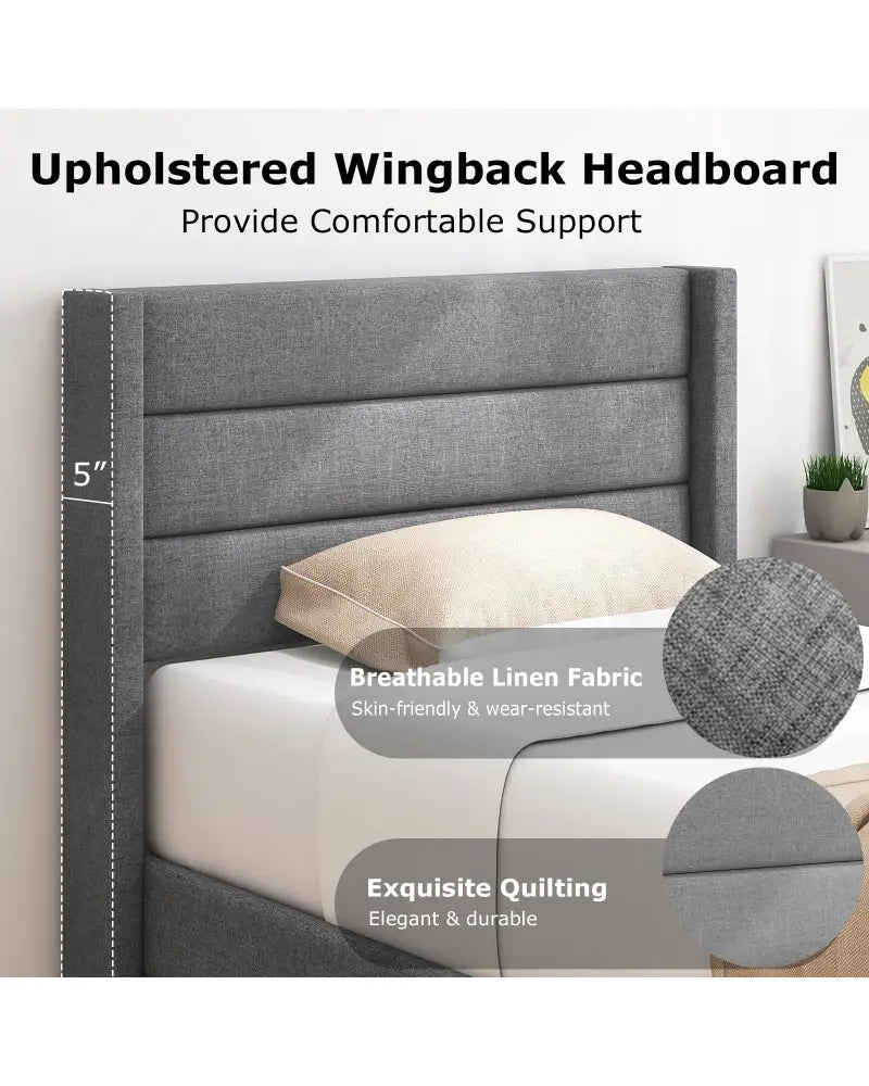Linen Upholstered Platform Twin/Queen Bed Frame with Wingback Headboard-Twin Size - Gray - Simple Bed Frame