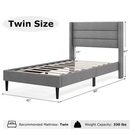 Linen Upholstered Platform Twin/Queen Bed Frame with Wingback Headboard-Twin Size - Gray - Simple Bed Frame