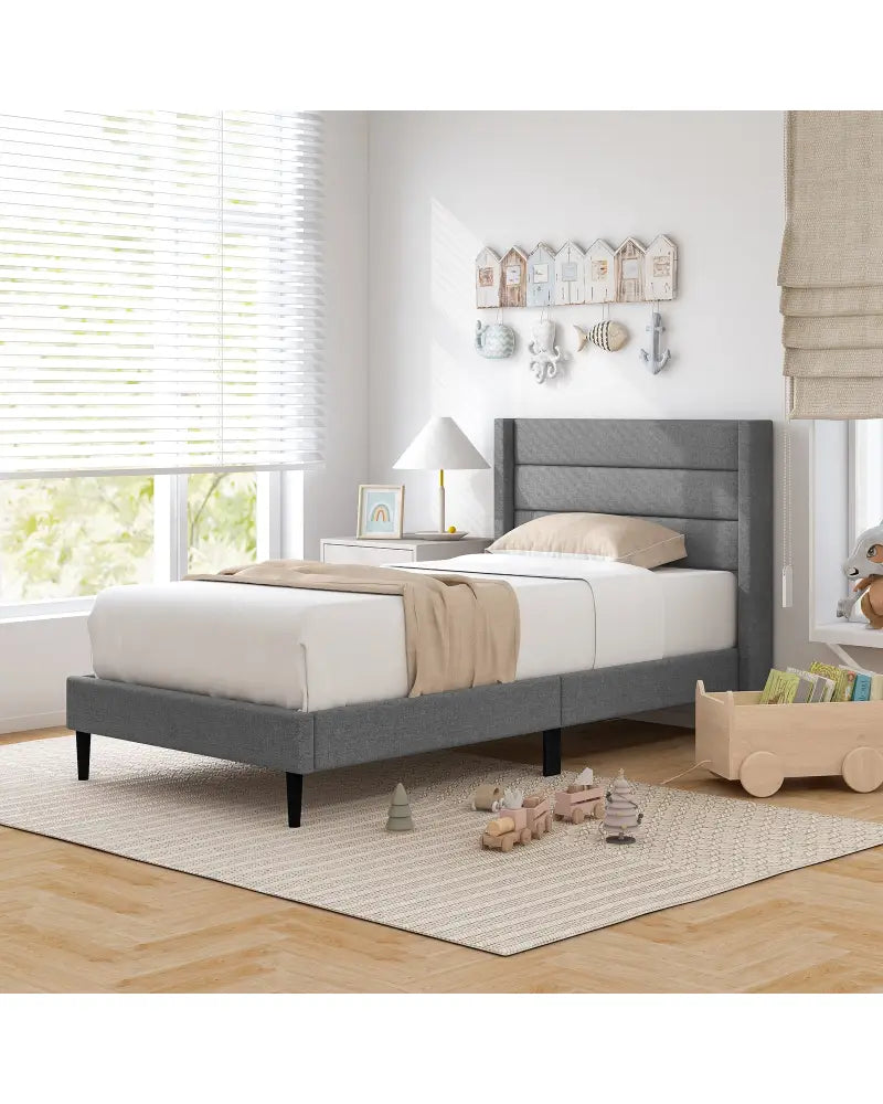 Linen Upholstered Platform Twin/Queen Bed Frame with Wingback Headboard-Twin Size - Gray - Simple Bed Frame