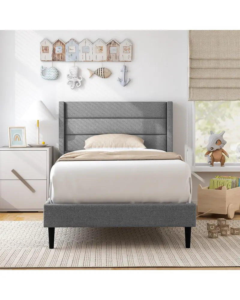 Linen Upholstered Platform Twin/Queen Bed Frame with Wingback Headboard-Twin Size - Gray - Simple Bed Frame