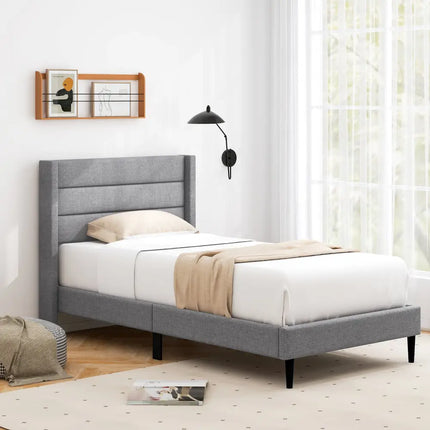 Linen Upholstered Platform Twin/Queen Bed Frame with Wingback Headboard-Twin Size - Gray - Simple Bed Frame