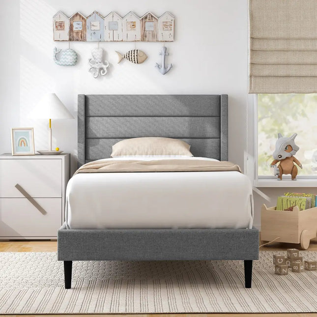 Linen Upholstered Platform Twin/Queen Bed Frame with Wingback Headboard-Twin Size - Gray - Simple Bed Frame