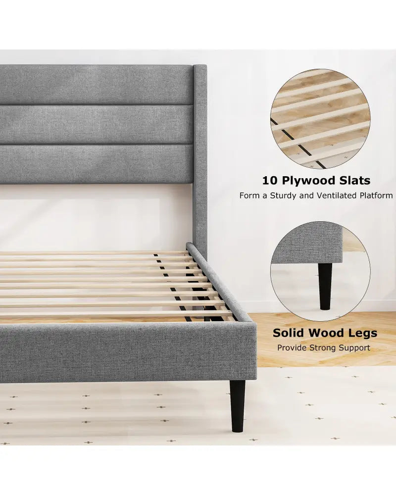 Linen Upholstered Platform Twin/Queen Bed Frame with Wingback Headboard-Twin Size - Gray - Simple Bed Frame