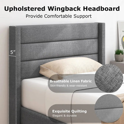 Linen Upholstered Platform Twin/Queen Bed Frame with Wingback Headboard-Twin Size - Gray - Simple Bed Frame