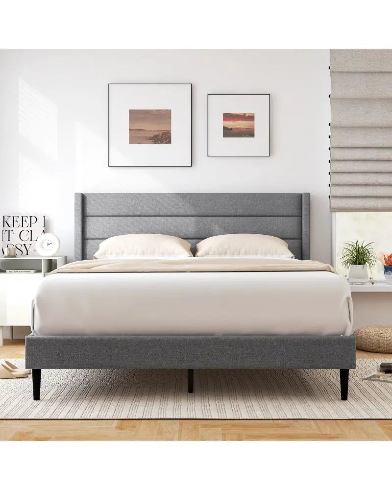 Linen Upholstered Platform Twin/Queen Bed Frame with Wingback Headboard-Queen Size - Simple Bed Frame