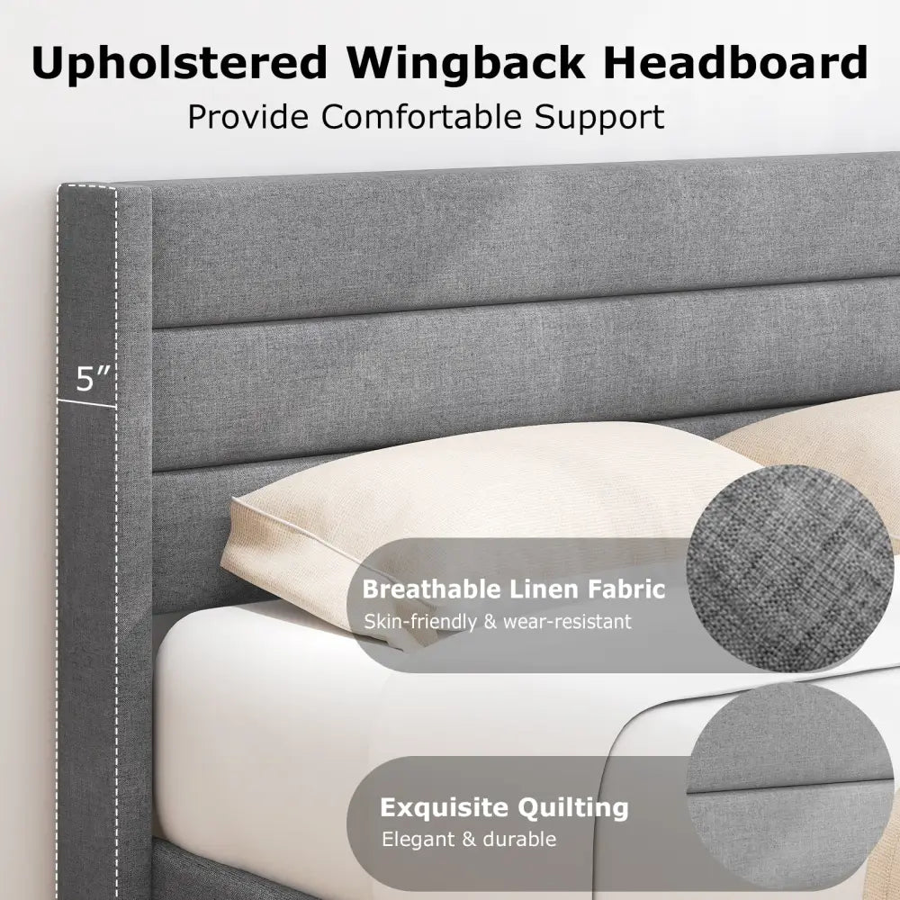 Linen Upholstered Platform Twin/Queen Bed Frame with Wingback Headboard-Queen Size - Simple Bed Frame