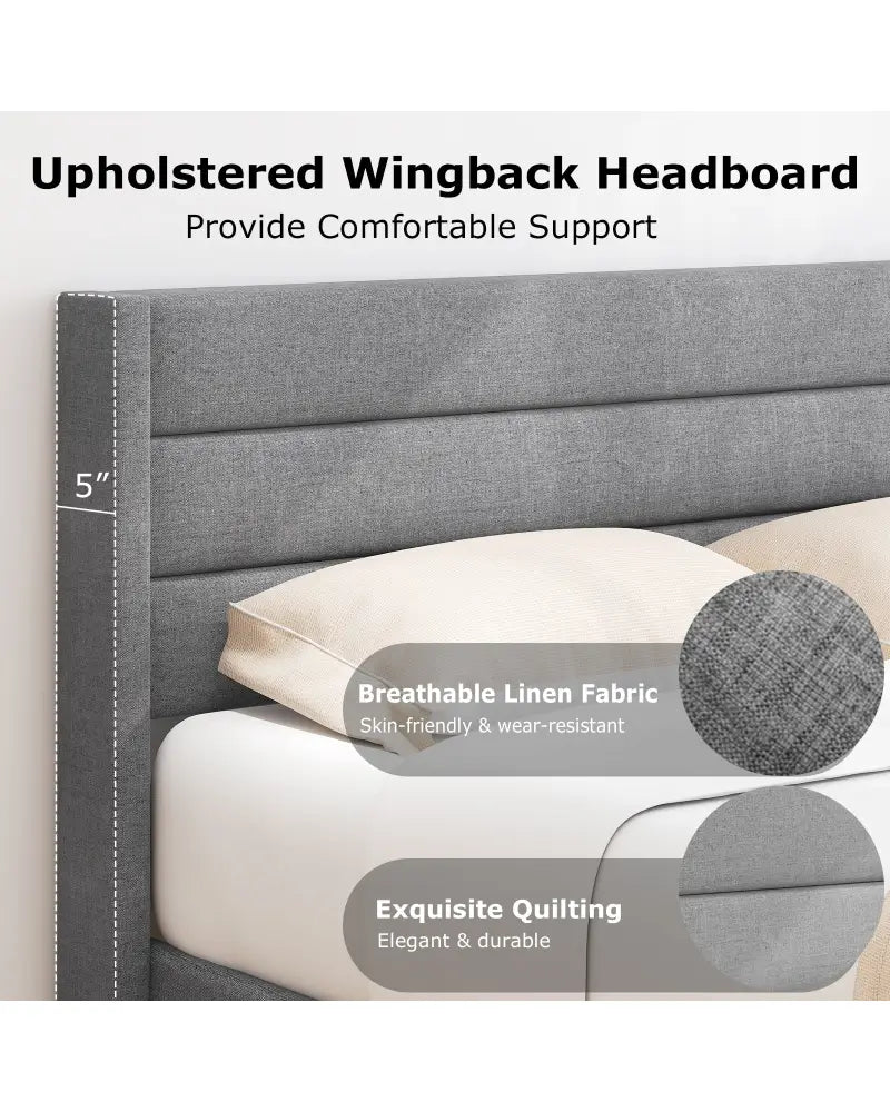 Linen Upholstered Platform Twin/Queen Bed Frame with Wingback Headboard-Queen Size - Simple Bed Frame
