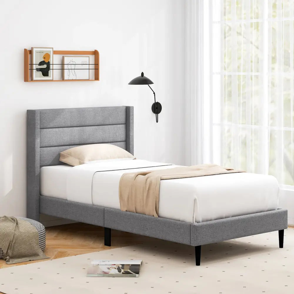 Linen Upholstered Platform Twin/Queen Bed Frame with Wingback Headboard-Twin Size - Gray - Simple Bed Frame