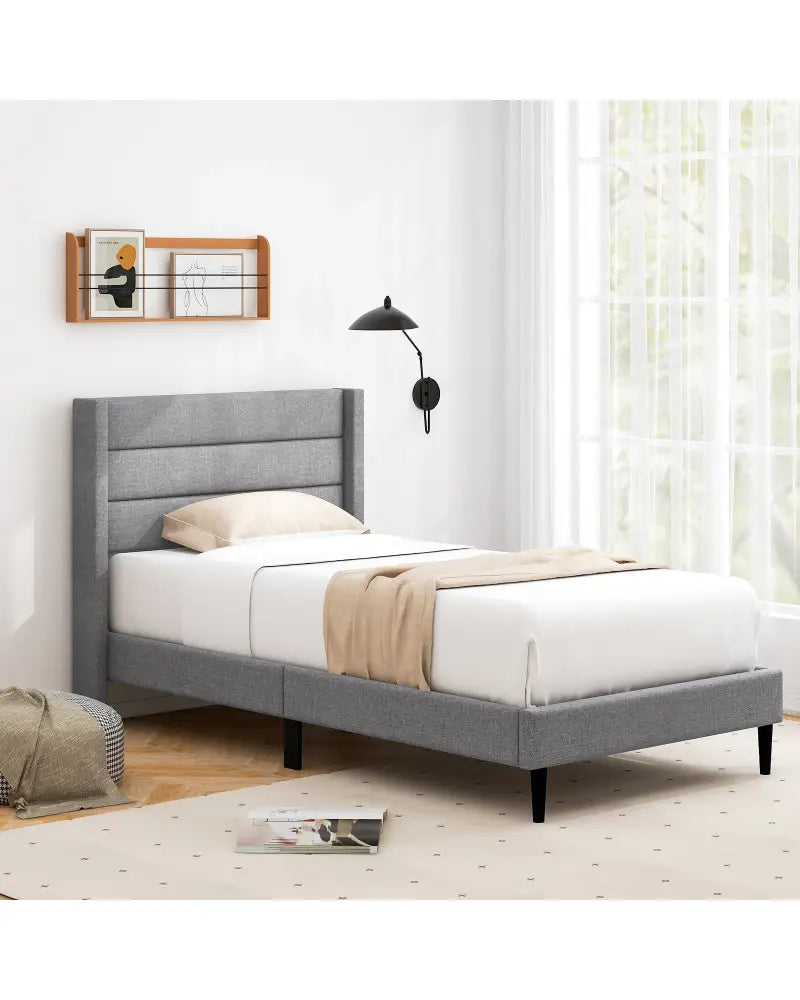 Linen Upholstered Platform Twin/Queen Bed Frame with Wingback Headboard-Twin Size - Gray - Simple Bed Frame