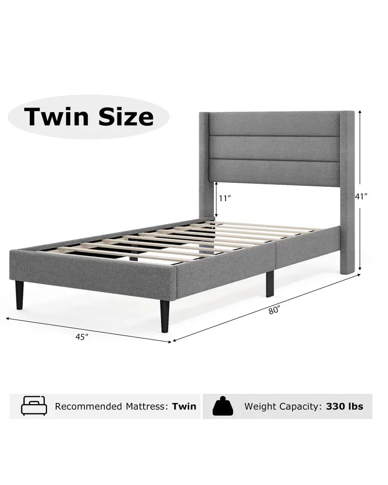 Linen Upholstered Platform Twin/Queen Bed Frame with Wingback Headboard-Twin Size - Gray - Simple Bed Frame