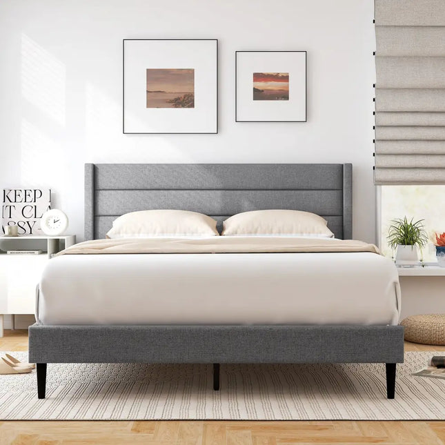 Linen Upholstered Platform Twin/Queen Bed Frame with Wingback Headboard-Queen Size - Simple Bed Frame
