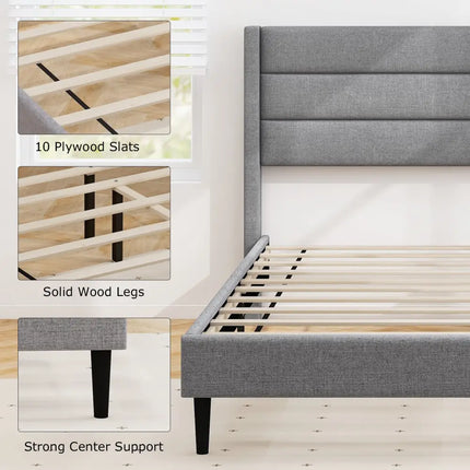 Linen Upholstered Platform Twin/Queen Bed Frame with Wingback Headboard-Queen Size - Simple Bed Frame