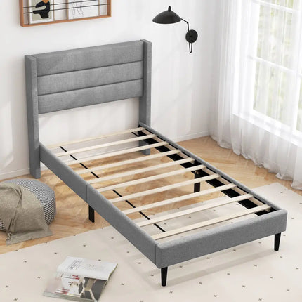 Linen Upholstered Platform Twin/Queen Bed Frame with Wingback Headboard-Twin Size - Gray - Simple Bed Frame