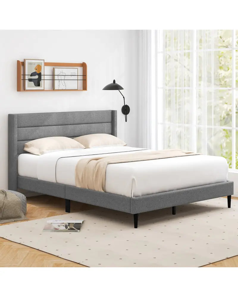 Linen Upholstered Platform Twin/Queen Bed Frame with Wingback Headboard-Queen Size - Simple Bed Frame
