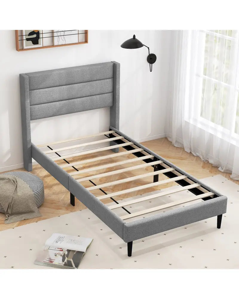 Linen Upholstered Platform Twin/Queen Bed Frame with Wingback Headboard-Twin Size - Gray - Simple Bed Frame