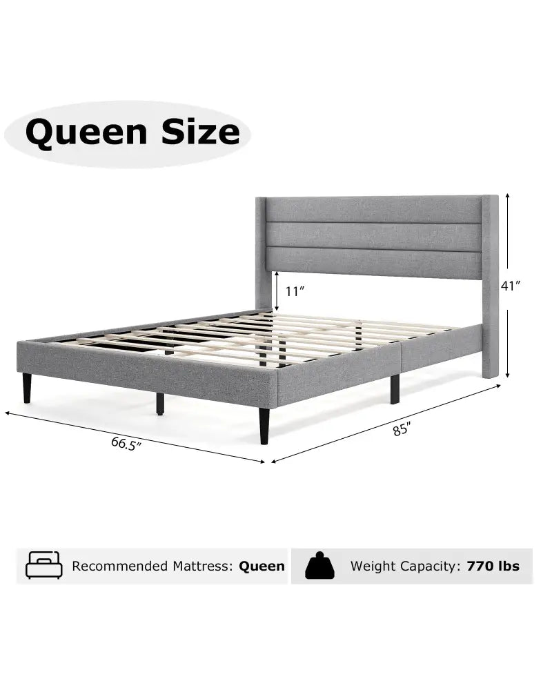 Linen Upholstered Platform Twin/Queen Bed Frame with Wingback Headboard-Queen Size - Simple Bed Frame