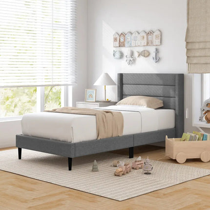 Linen Upholstered Platform Twin/Queen Bed Frame with Wingback Headboard-Twin Size - Gray - Simple Bed Frame