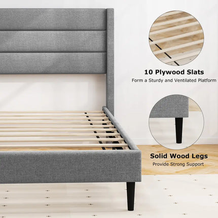 Linen Upholstered Platform Twin/Queen Bed Frame with Wingback Headboard-Twin Size - Gray - Simple Bed Frame