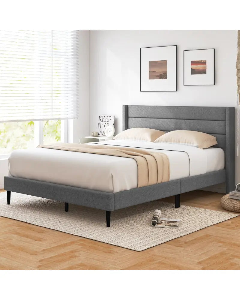 Linen Upholstered Platform Twin/Queen Bed Frame with Wingback Headboard-Queen Size - Simple Bed Frame