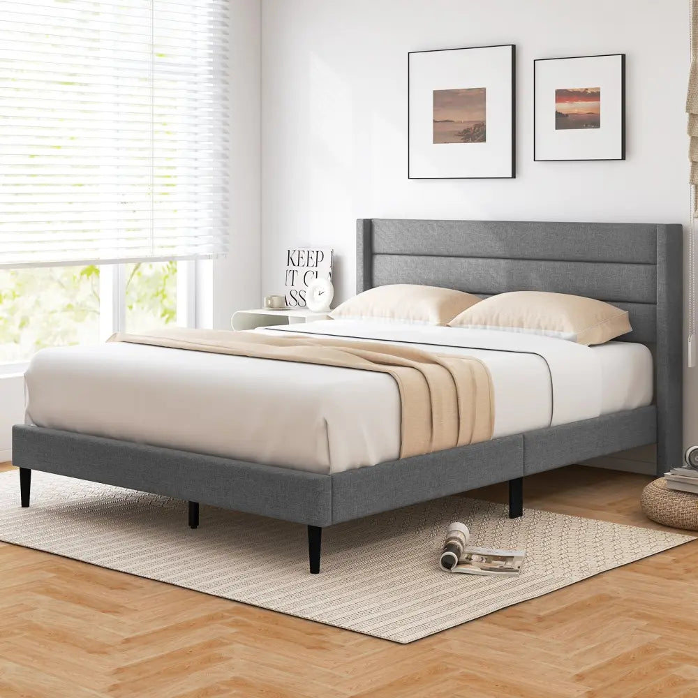 Linen Upholstered Platform Twin/Queen Bed Frame with Wingback Headboard-Queen Size - Simple Bed Frame