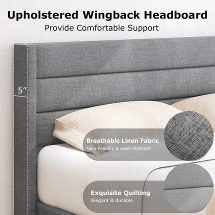 Linen Upholstered Platform Twin/Queen Bed Frame with Wingback Headboard-Queen Size - Simple Bed Frame