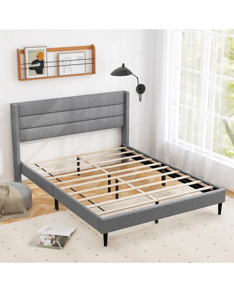 Linen Upholstered Platform Twin/Queen Bed Frame with Wingback Headboard-Queen Size - Simple Bed Frame