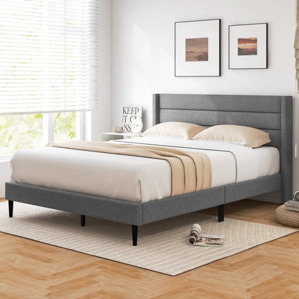 Linen Upholstered Platform Twin/Queen Bed Frame with Wingback Headboard-Queen Size - Simple Bed Frame