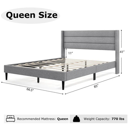 Linen Upholstered Platform Twin/Queen Bed Frame with Wingback Headboard-Queen Size - Simple Bed Frame