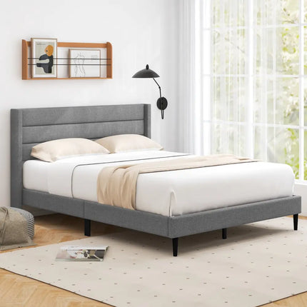 Linen Upholstered Platform Twin/Queen Bed Frame with Wingback Headboard-Queen Size - Simple Bed Frame