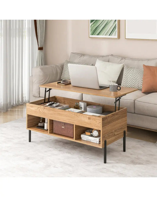 Living Room Central Table with Lifting Tabletop and Metal Legs-Natural - Natural - Coffee Tables