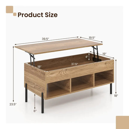 Living Room Central Table with Lifting Tabletop and Metal Legs-Natural - Natural - Living Room